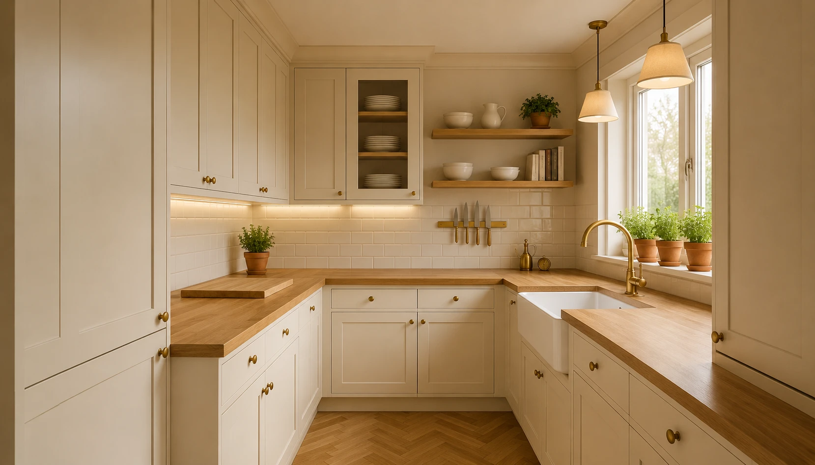 Small kitchen with beautiful cohesive colour palette in warm neutrals cream and sage green