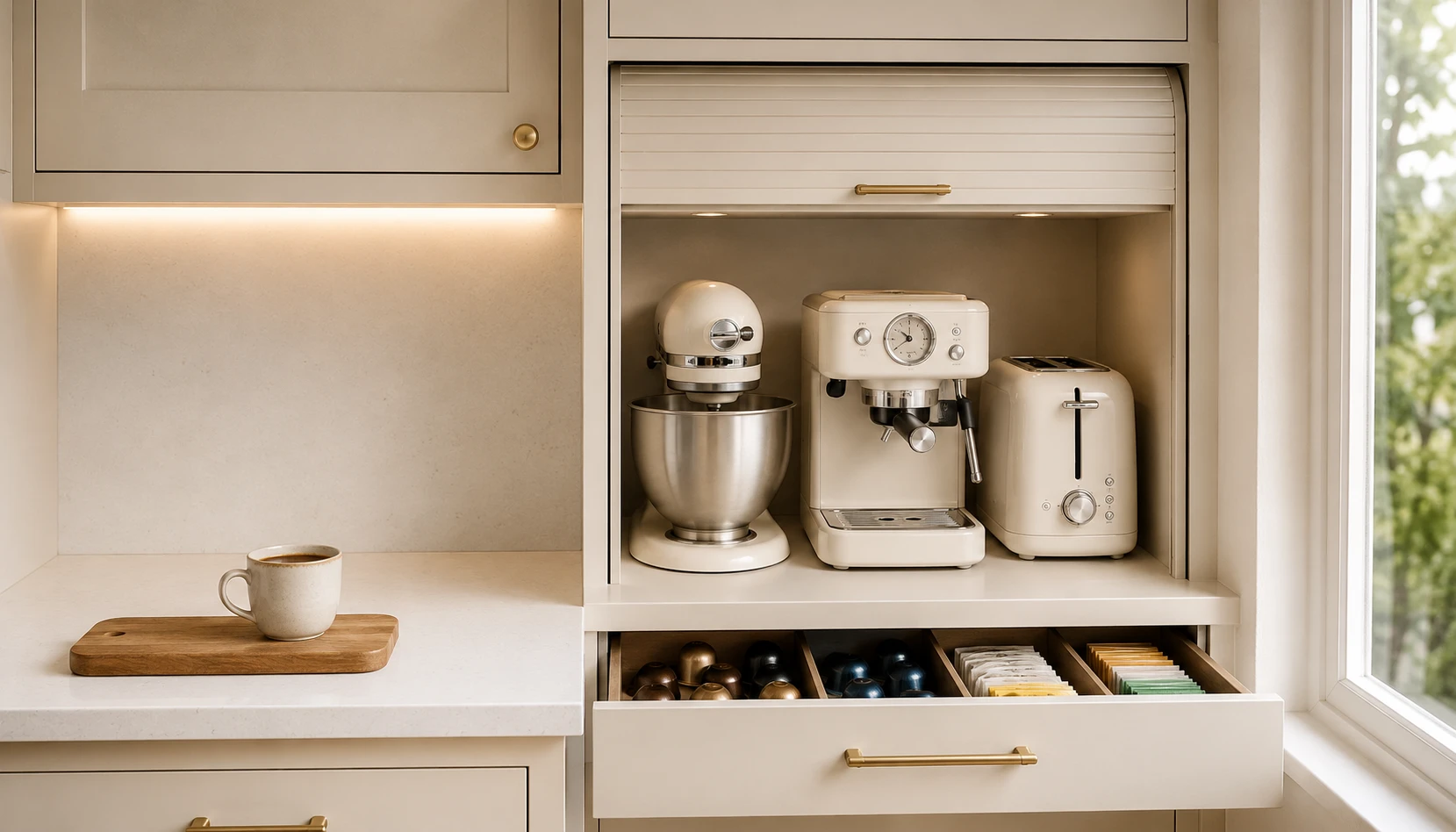 Small kitchen with compact multi-function appliances saving counter and cabinet space