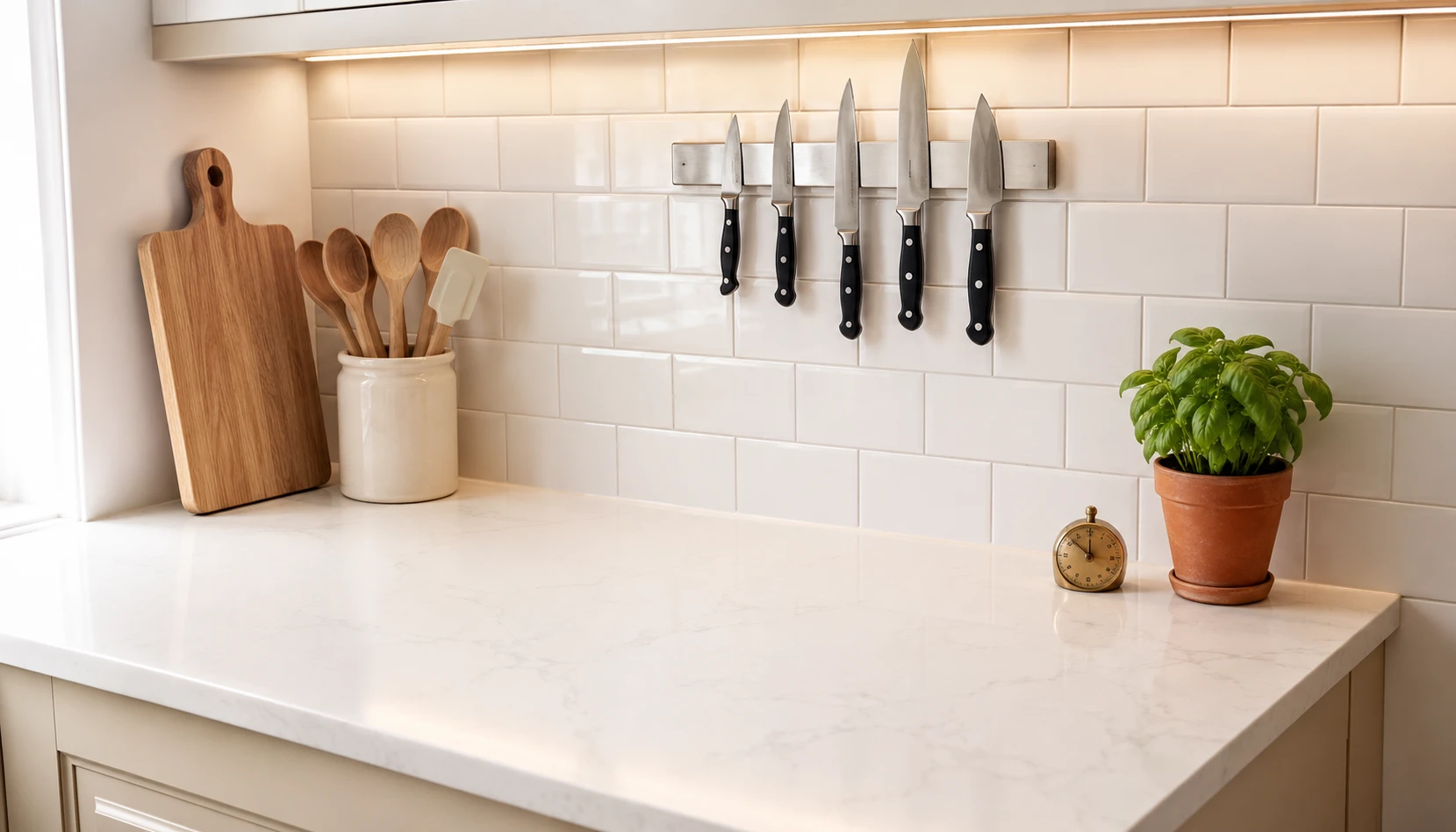 Small kitchen counter space maximised with smart organisation and minimal clutter