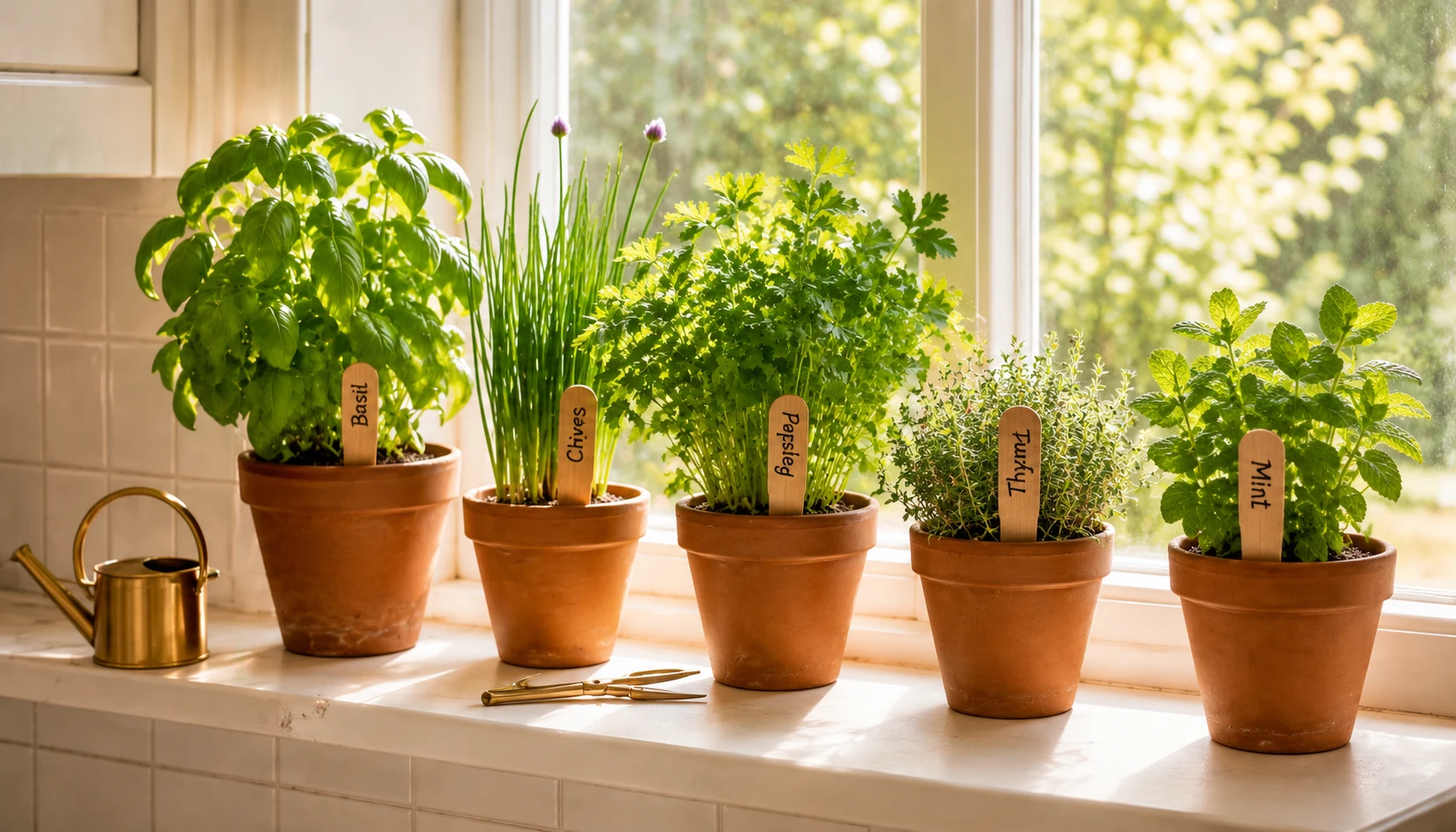 Kitchen windowsill herb garden with terracotta pots making small kitchen feel beautiful and alive