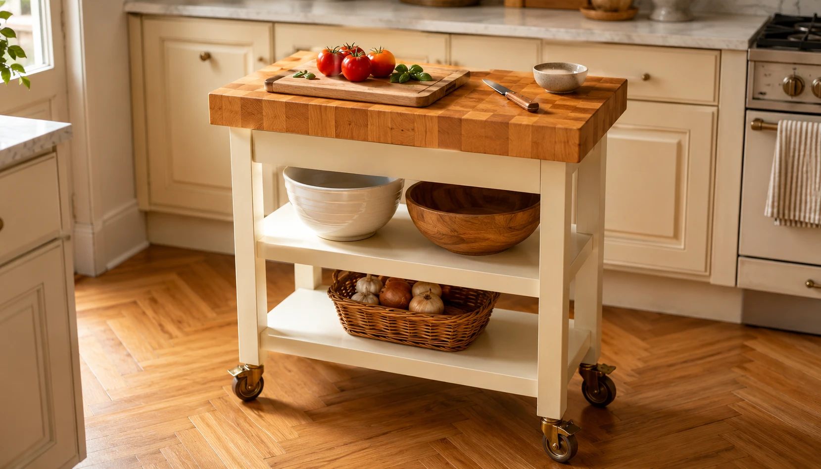 Small kitchen island alternative showing rolling cart and fold down counter creating flexible workspace
