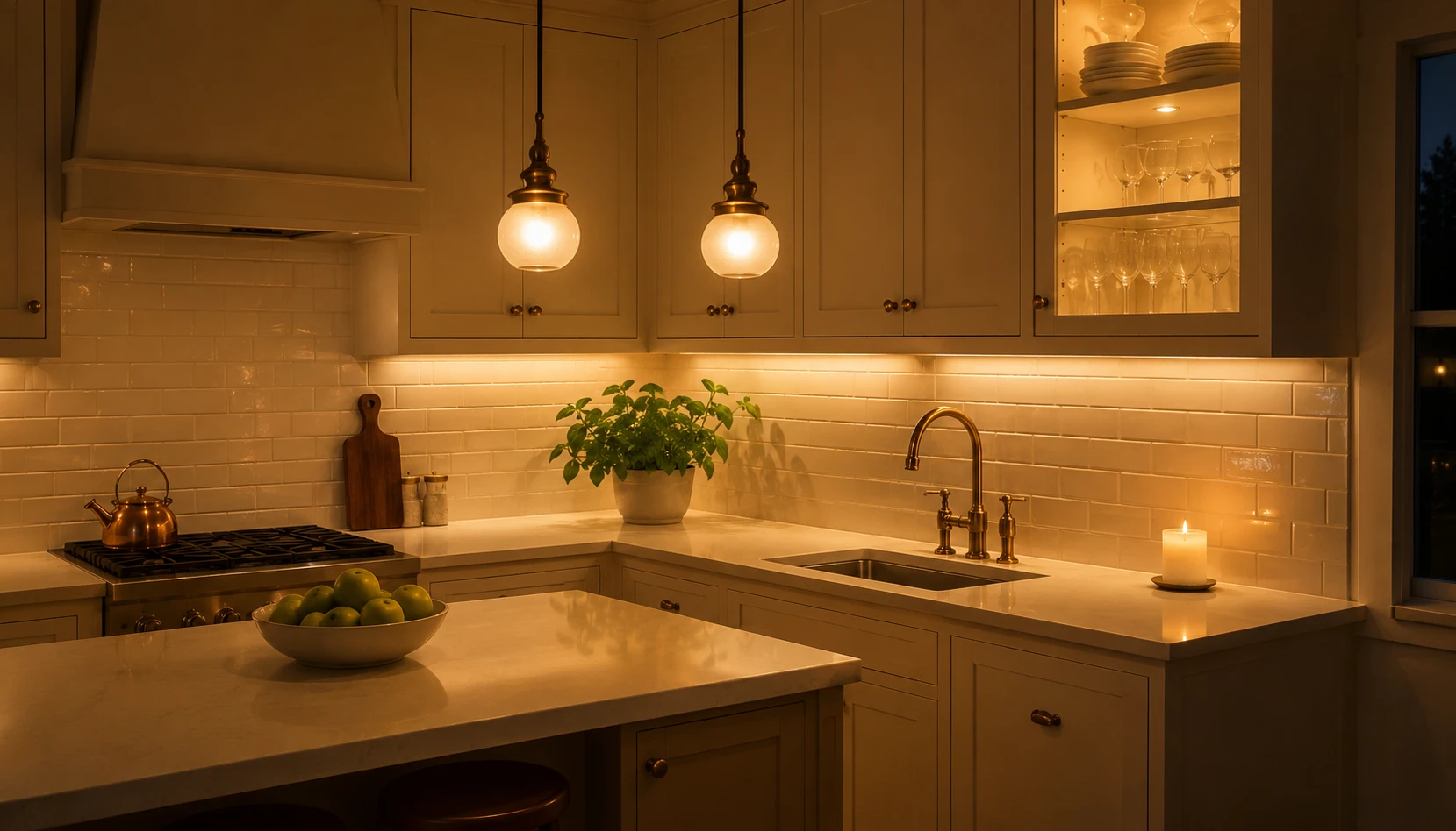 Small kitchen with smart layered lighting including under cabinet lights and pendant lights
