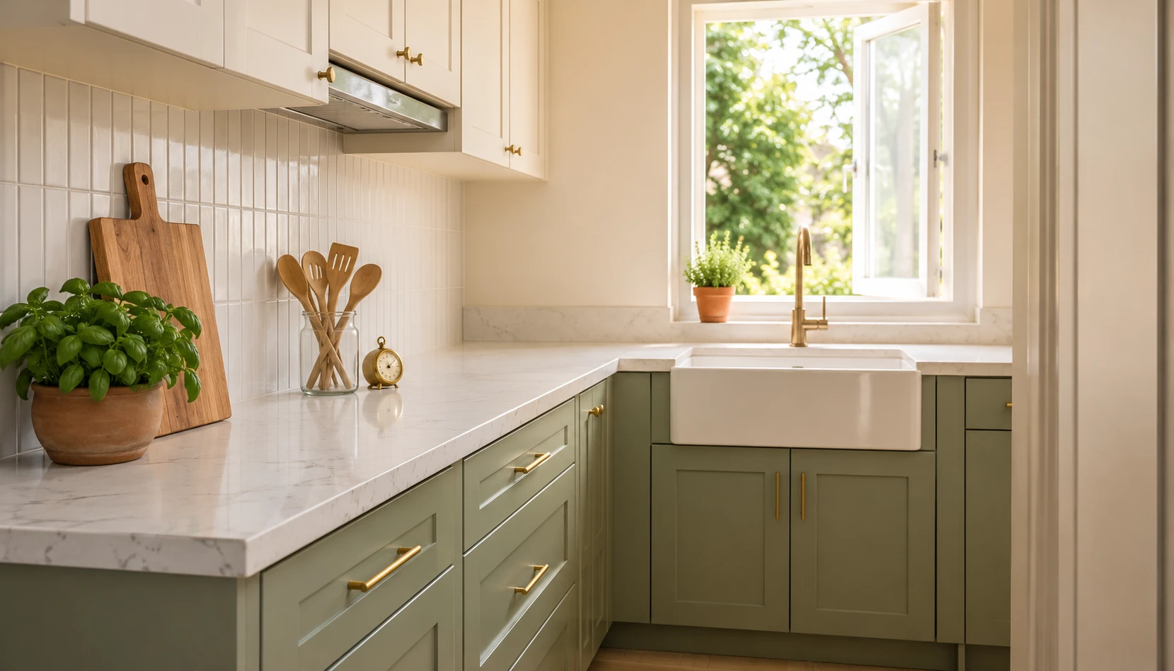 Small kitchen with light neutral colours cream cabinets and reflective surfaces looking spacious