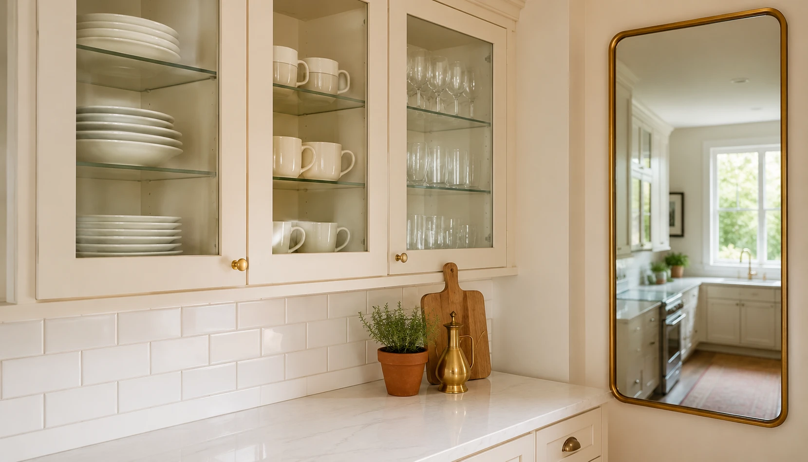 Small kitchen with mirror and glass elements adding depth and reflecting light