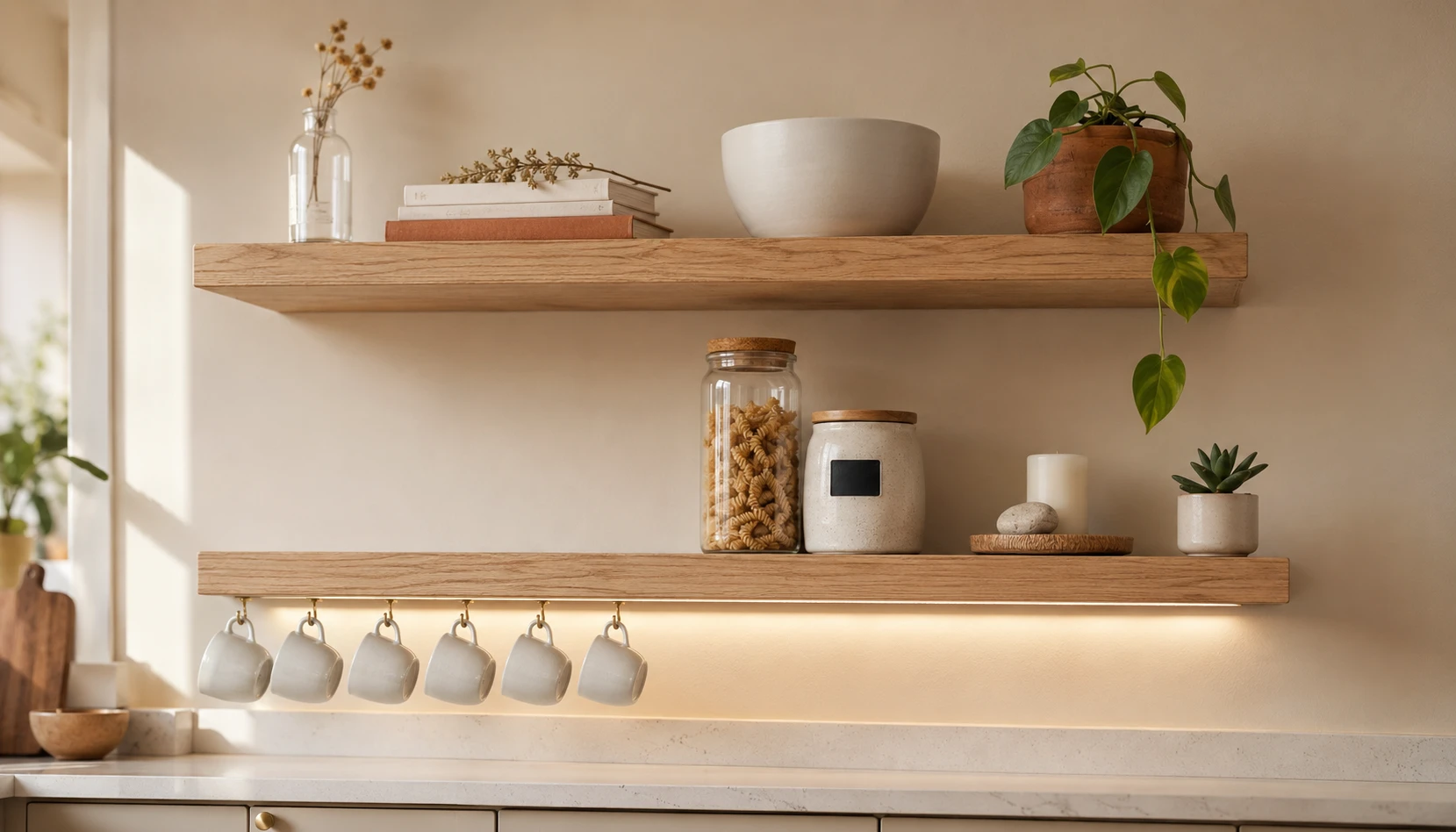 Small kitchen open shelving styled beautifully with matching ceramics plants and cookbooks