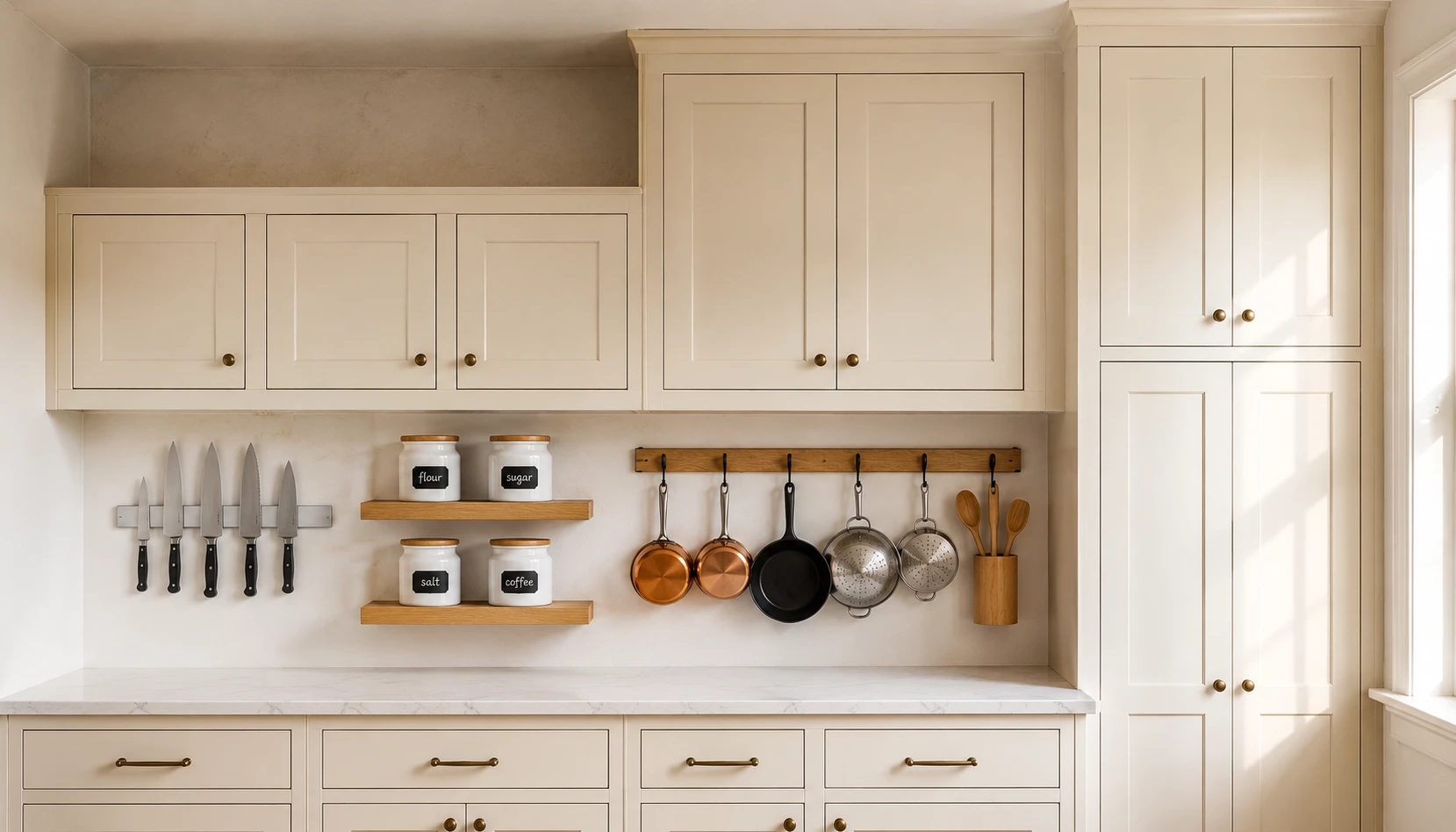 Small kitchen vertical storage ideas showing wall mounted shelves and tall cabinets