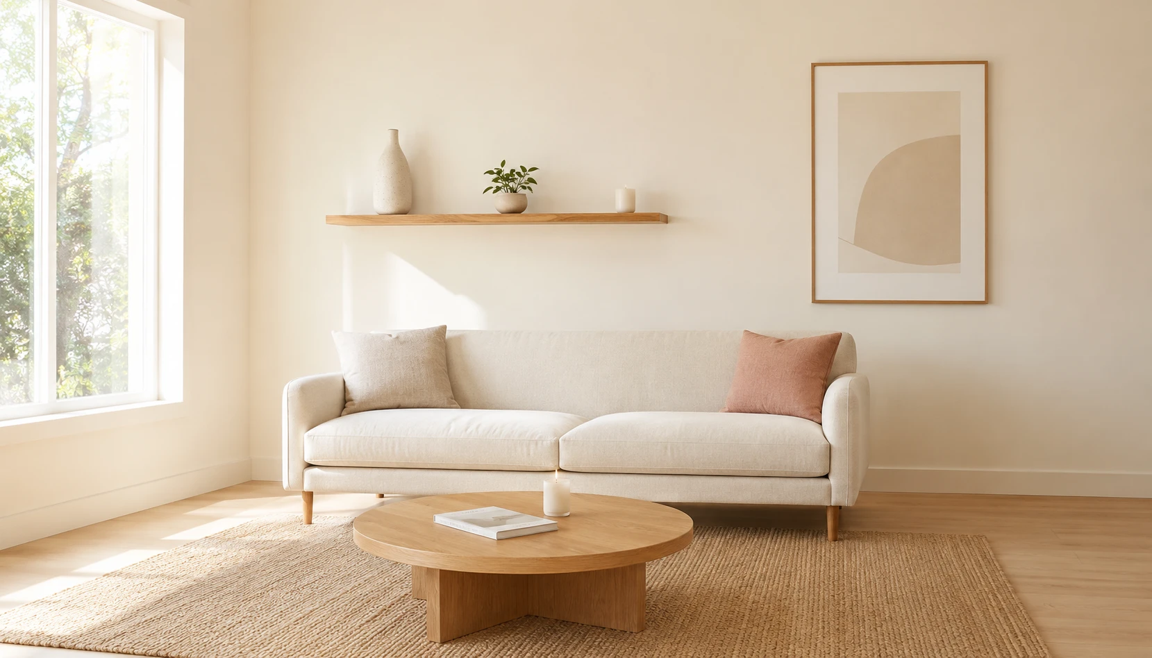 Beautifully edited small living room with negative space showing intentional minimal decor