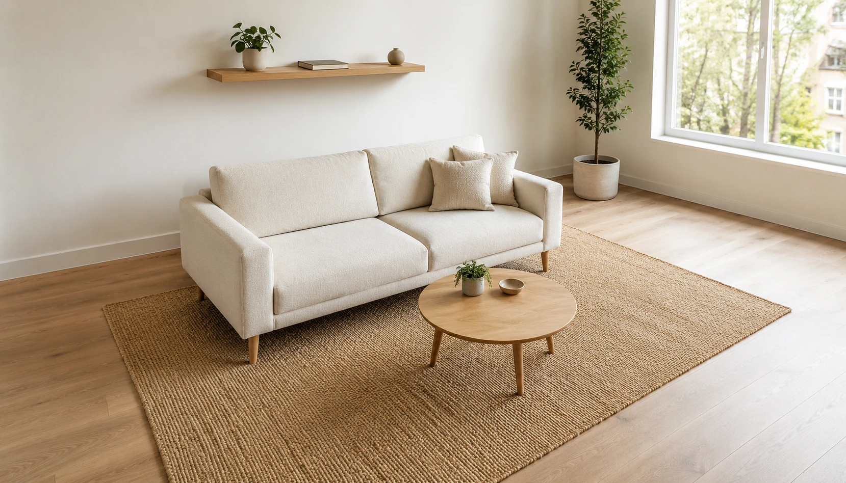 Small living room with floated furniture arrangement away from walls feeling spacious