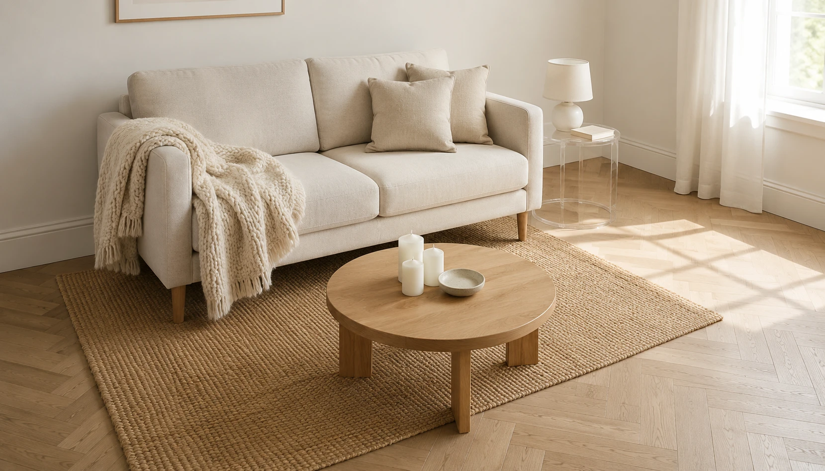 Correctly scaled furniture in a small bright living room creating balance and space