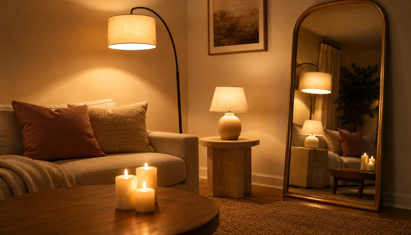 Bright small living room with layered lighting floor lamp table lamp and candles