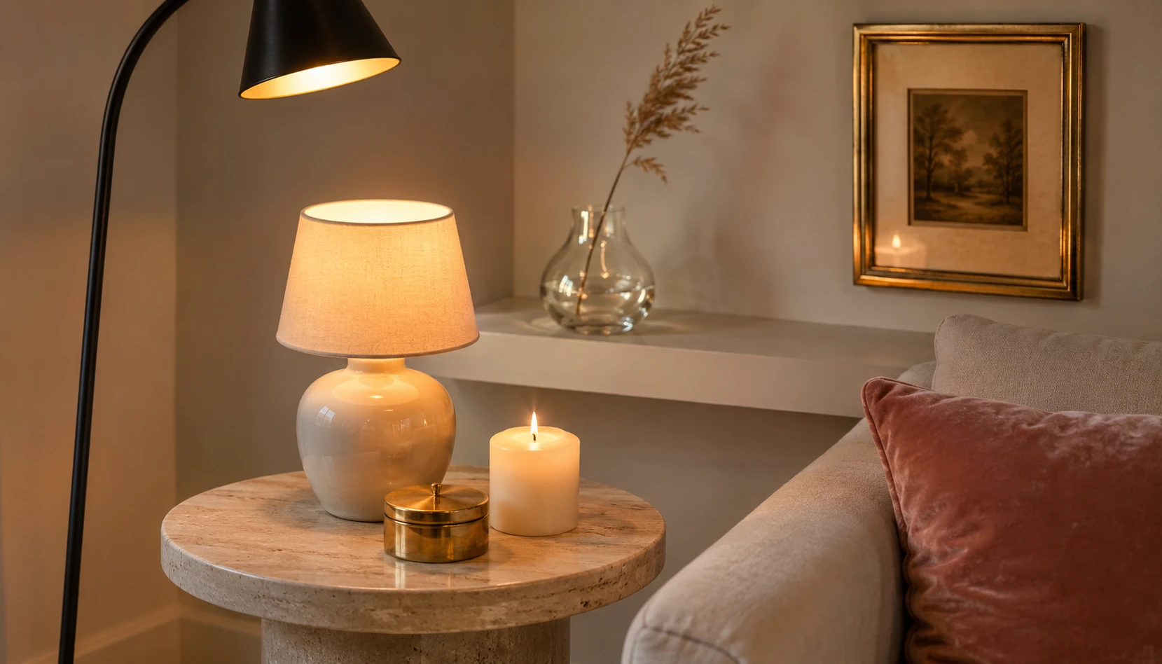 Small living room with reflective surfaces brass glass and glossy accents multiplying light