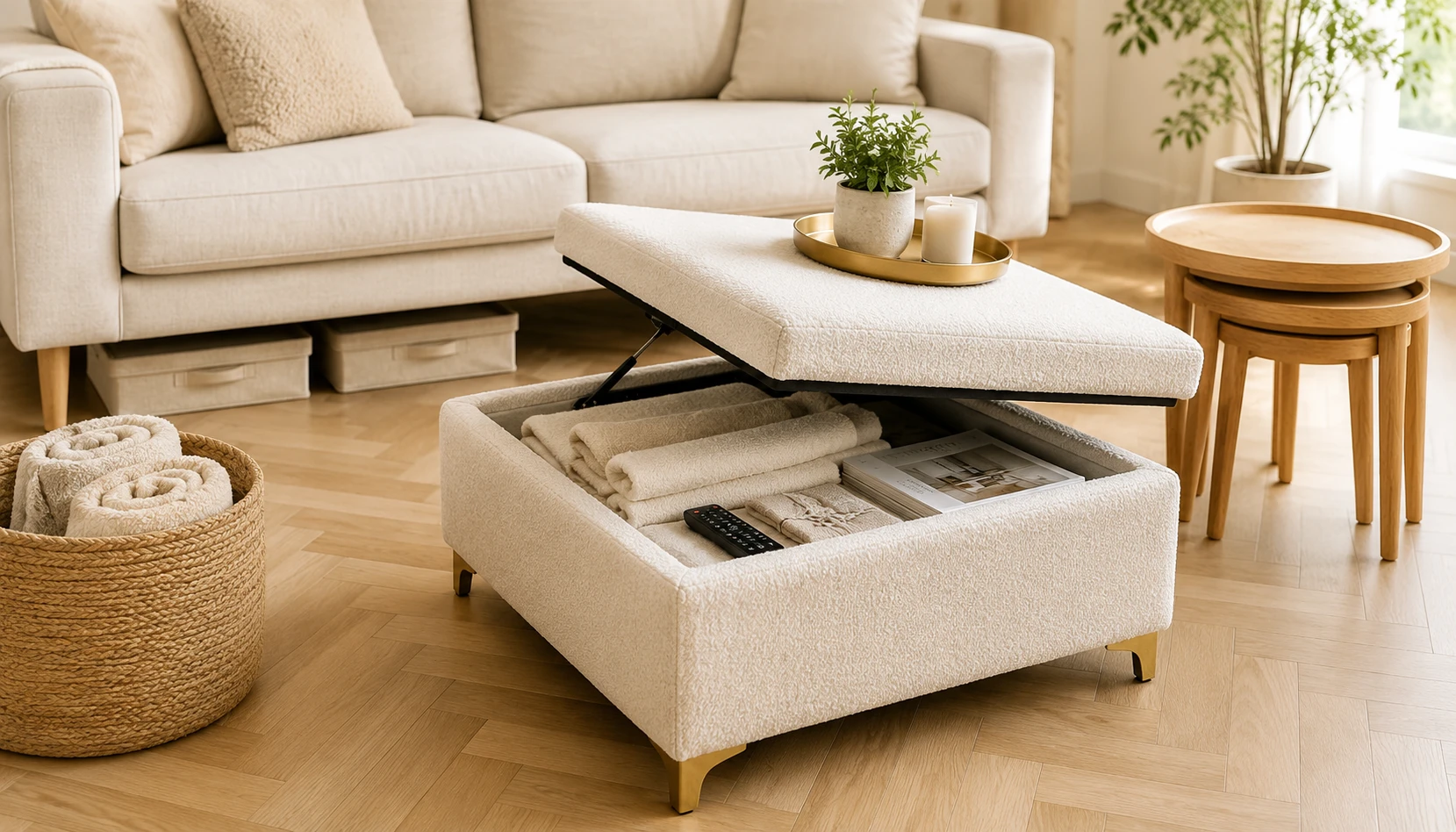 Small living room smart storage solutions ottoman coffee table and built in shelving
