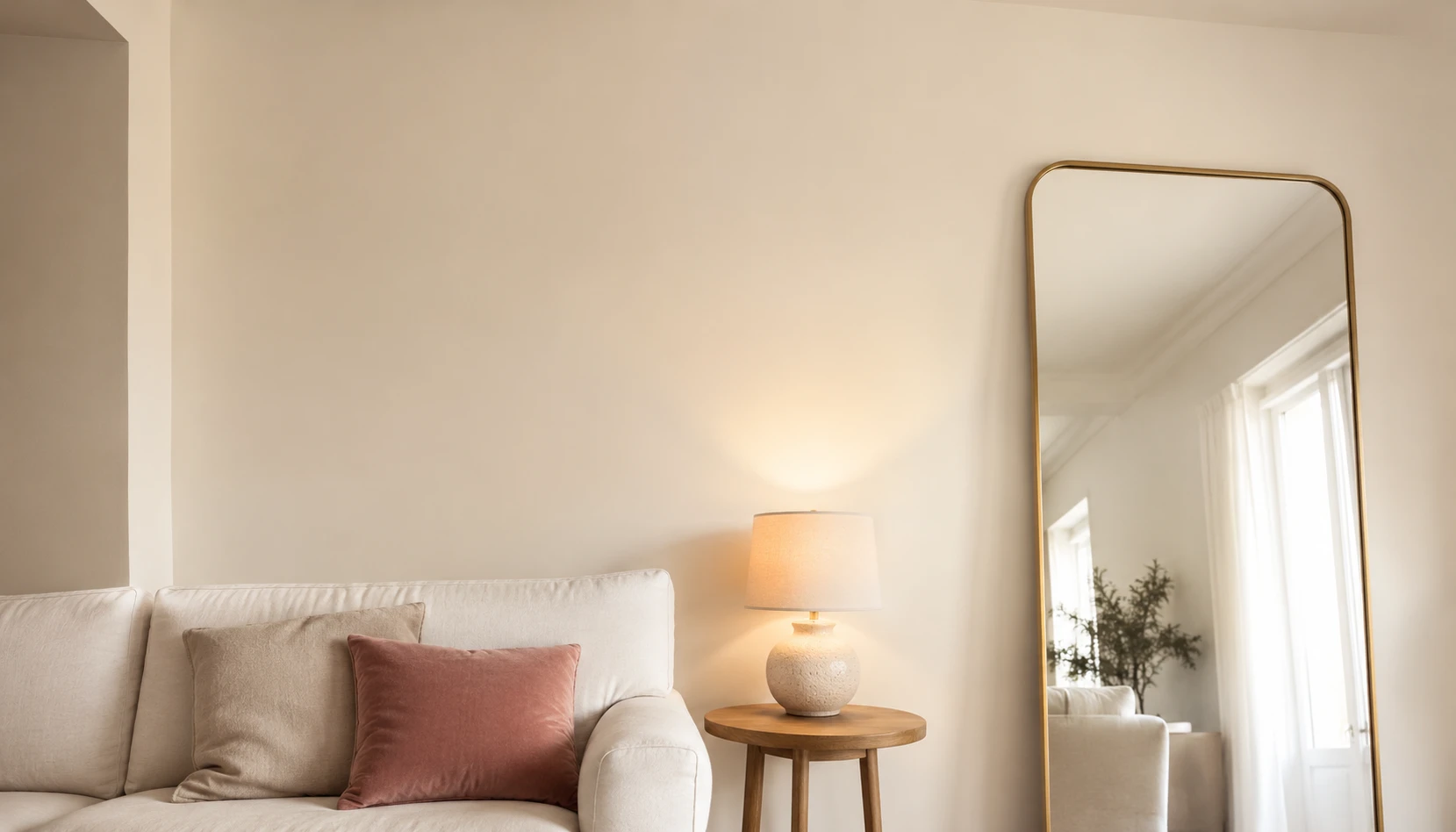 Large mirror in small living room reflecting light and doubling the perceived space