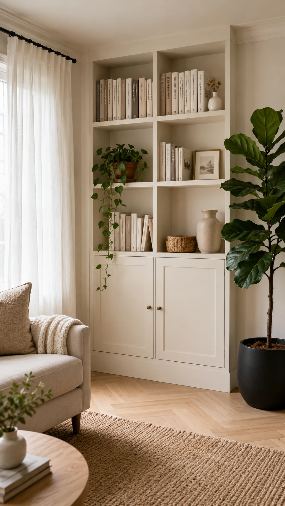 Small living room using vertical space with tall bookshelves and floor to ceiling curtains