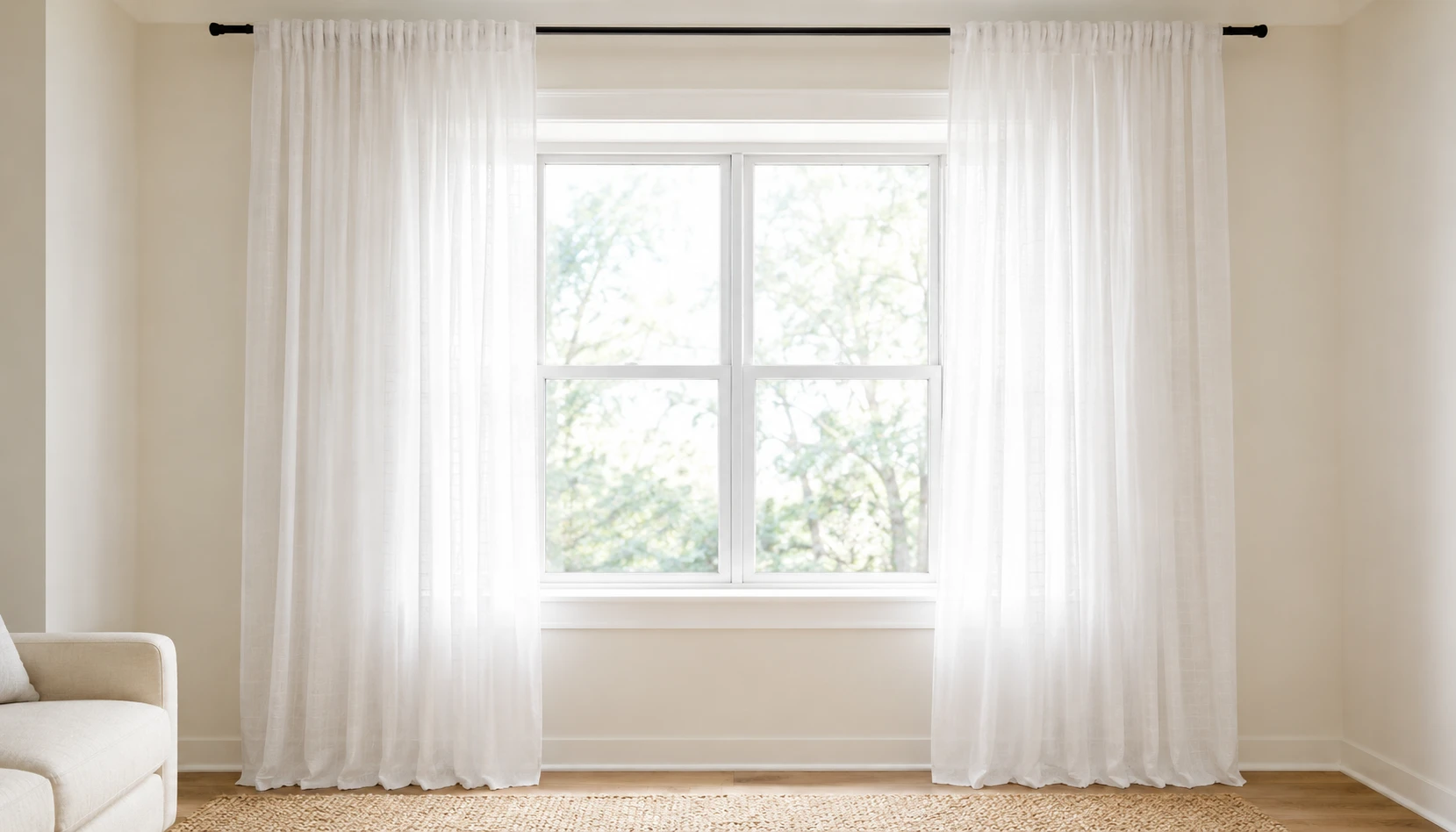 Small living room with sheer curtains hung high and wide maximising natural light
