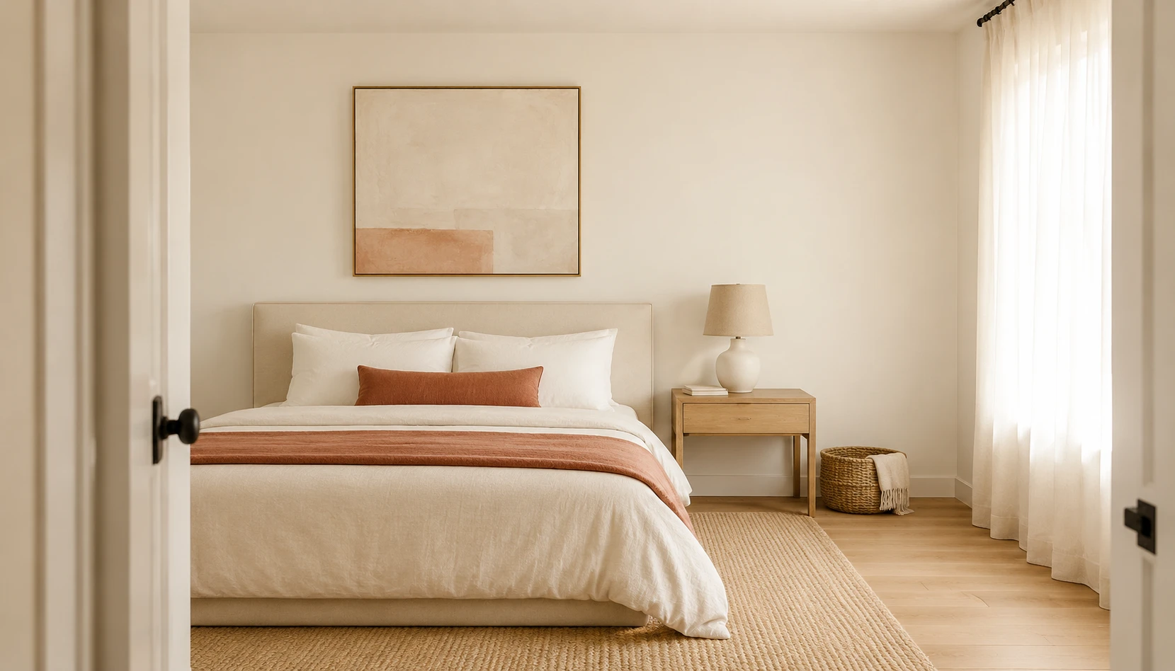 Calm edited white and terracotta bedroom with minimal decor and warm natural light