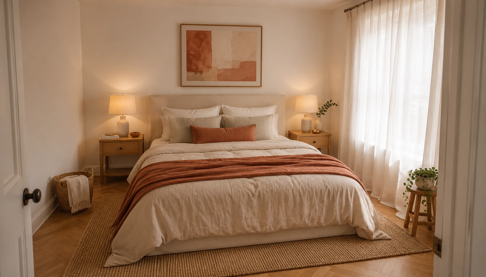Warm white and terracotta bedroom with cream bedding, clay accents, oak furniture, and soft natural light