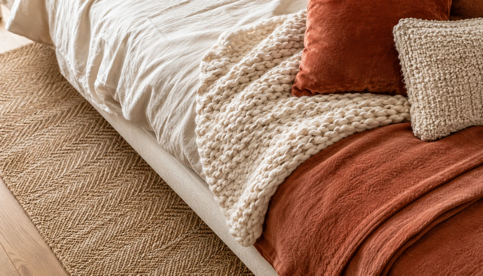 Layered white and terracotta bedroom textures with linen boucle jute wool and cotton