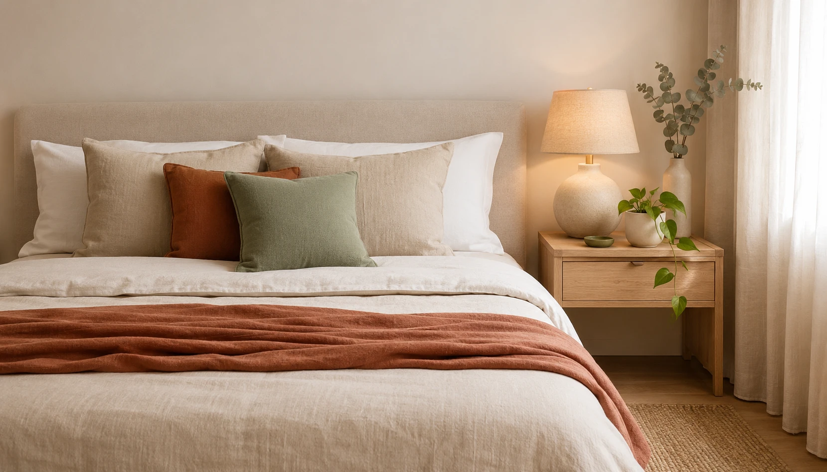 White terracotta and sage green bedroom with soft bedding plant and earthy decor