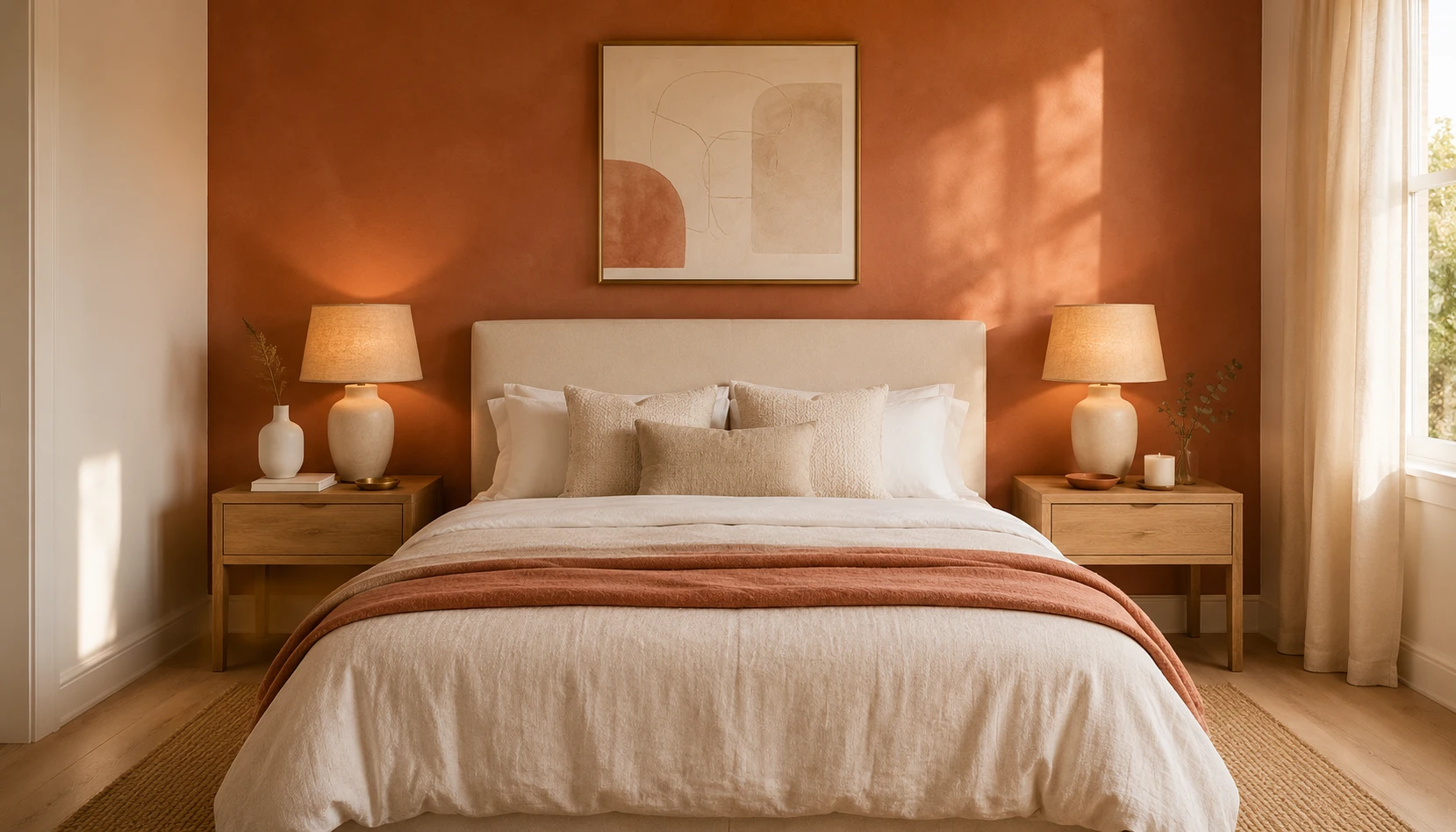 Bedroom with soft clay terracotta accent wall behind cream upholstered bed