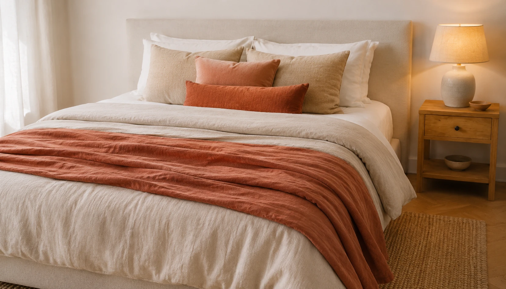 White and terracotta bedroom bedding with linen duvet rust cushions and cream sheets