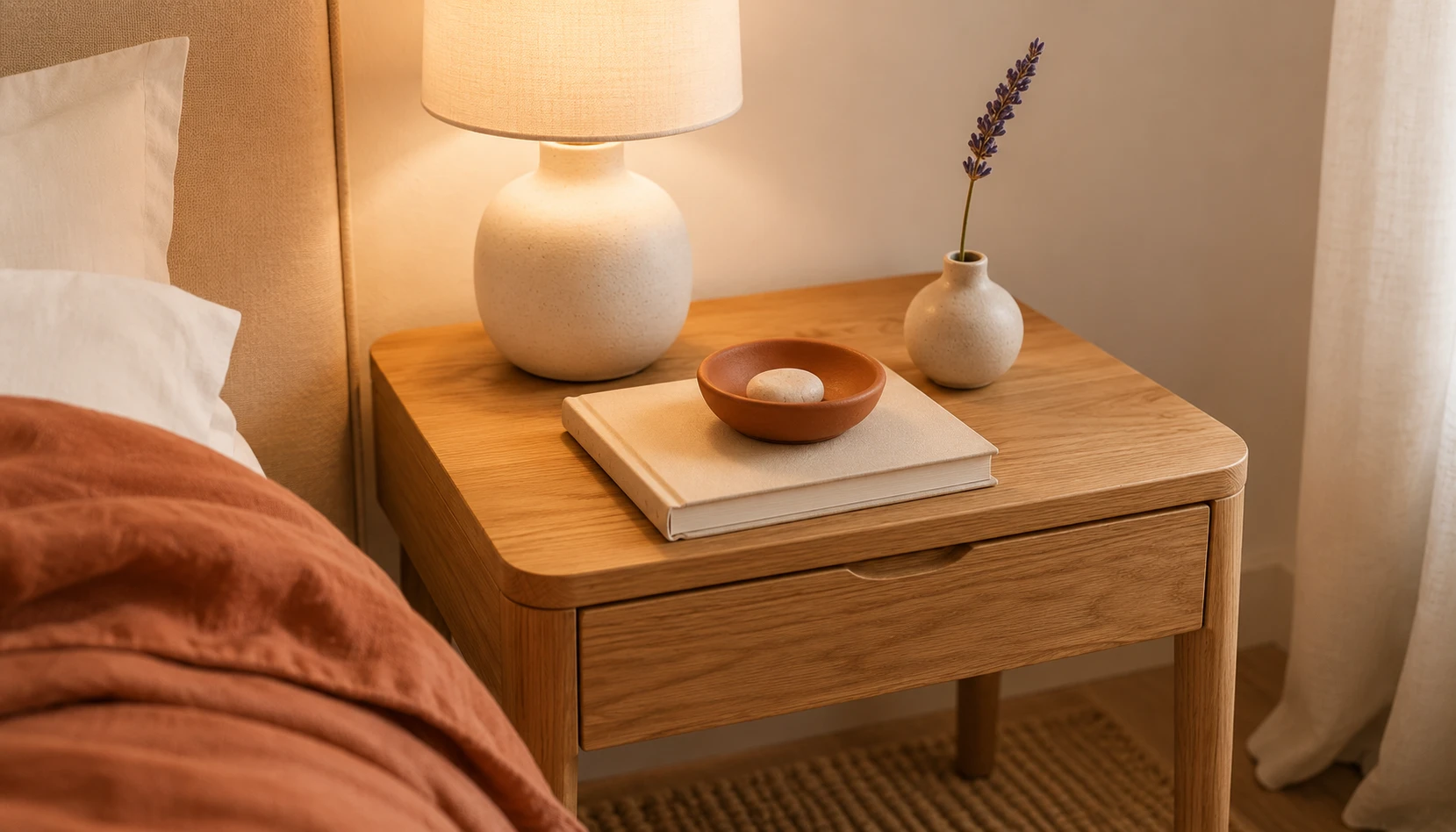 Minimal bedside table styling with terracotta ceramic vase cream lamp and small book