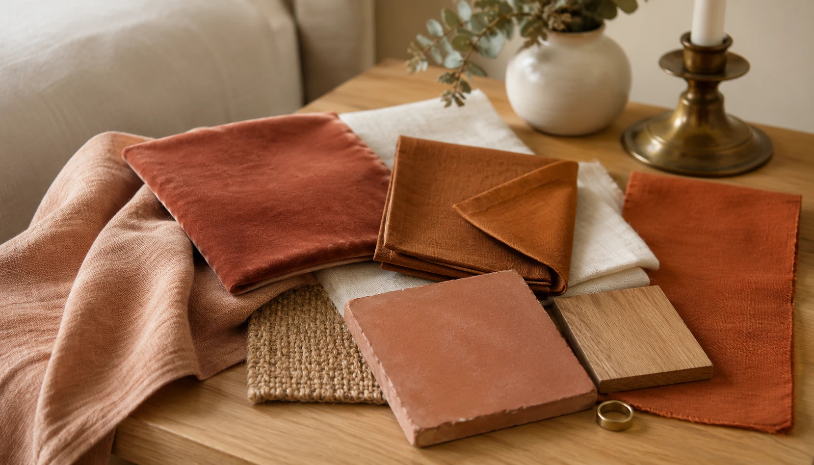 Terracotta bedroom decor showing soft clay rust cinnamon and muted orange colour shades
