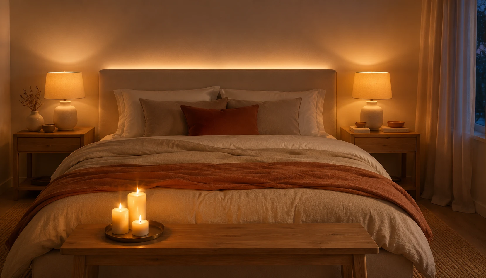 Warm white and terracotta bedroom with bedside lamps candles and soft amber lighting