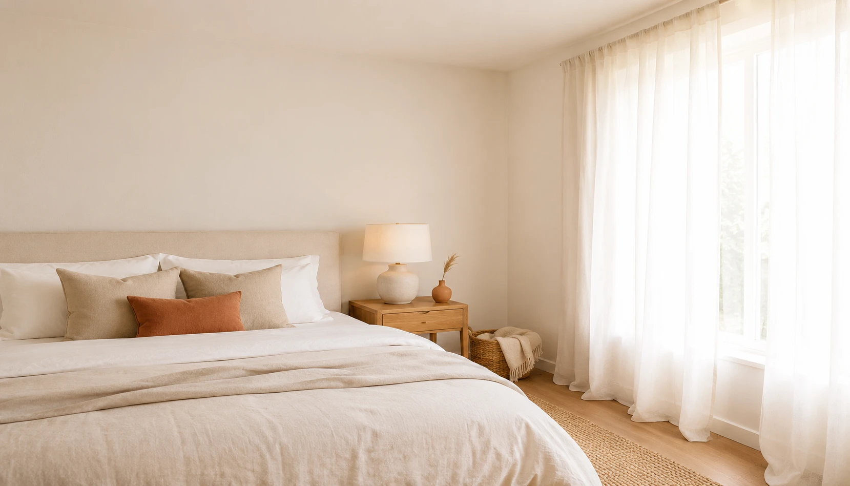 Warm white bedroom with cream walls and soft terracotta accents