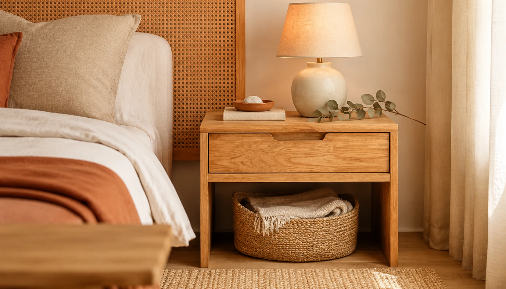 White and terracotta bedroom with warm oak bedside table cane headboard and natural wood furniture