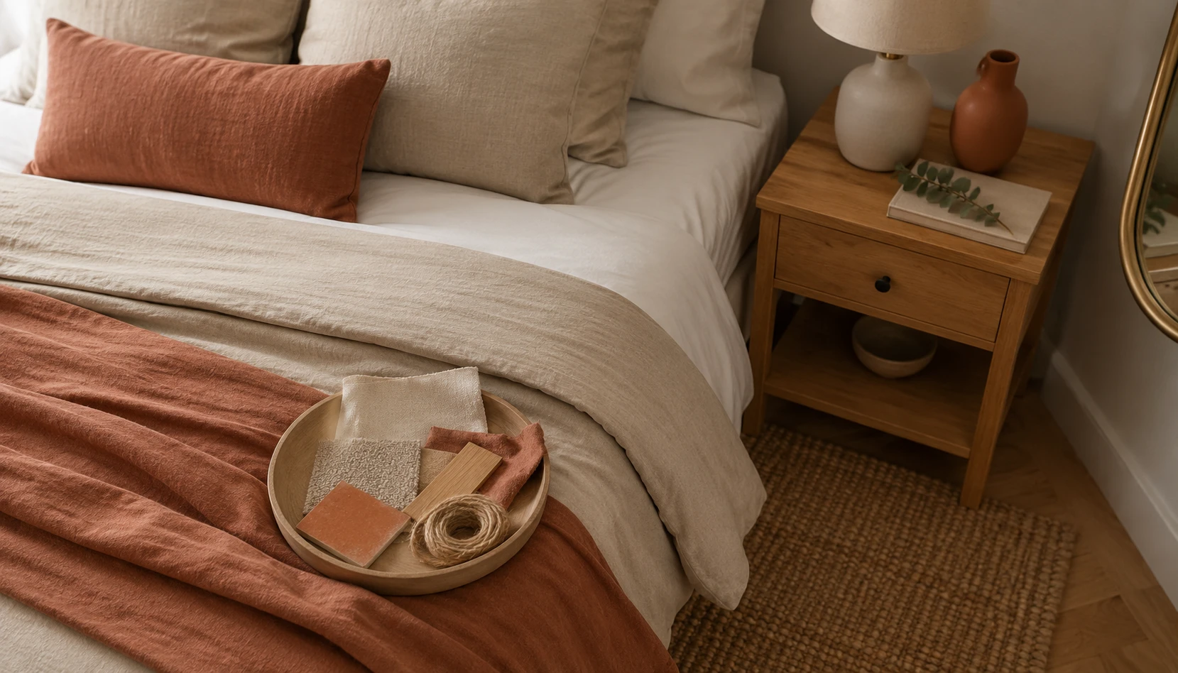 White and terracotta bedroom colour palette with cream bedding and warm earthy accents