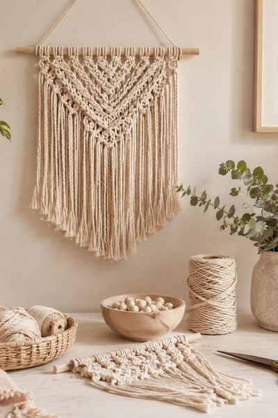 Cozy DIY craft workspace with macrame